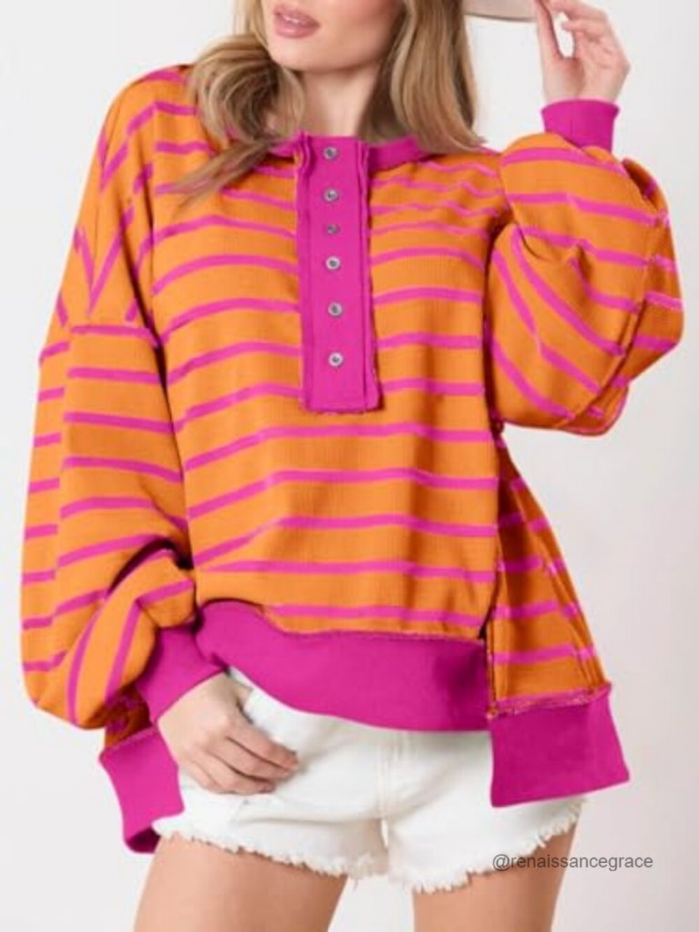Oversized Striped Henley Sweatshirt Waffle Knit Long Sleeve Pullover Fall Winter - Picture 2 of 6